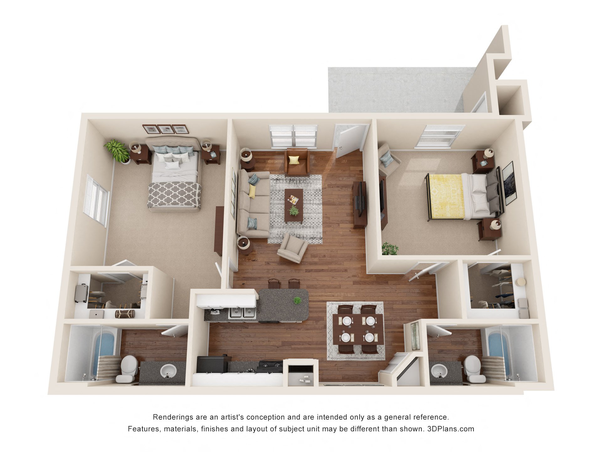 Floor plan for 2 beds, 2 baths, 856 sqft